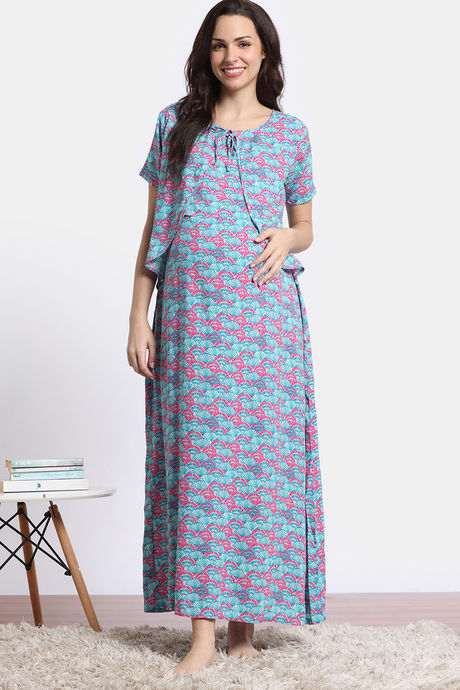 Coucou Maternity Woven Full Length Nightdress With Front Zipper And Discreet Feeding - Pacific Blue — image 2